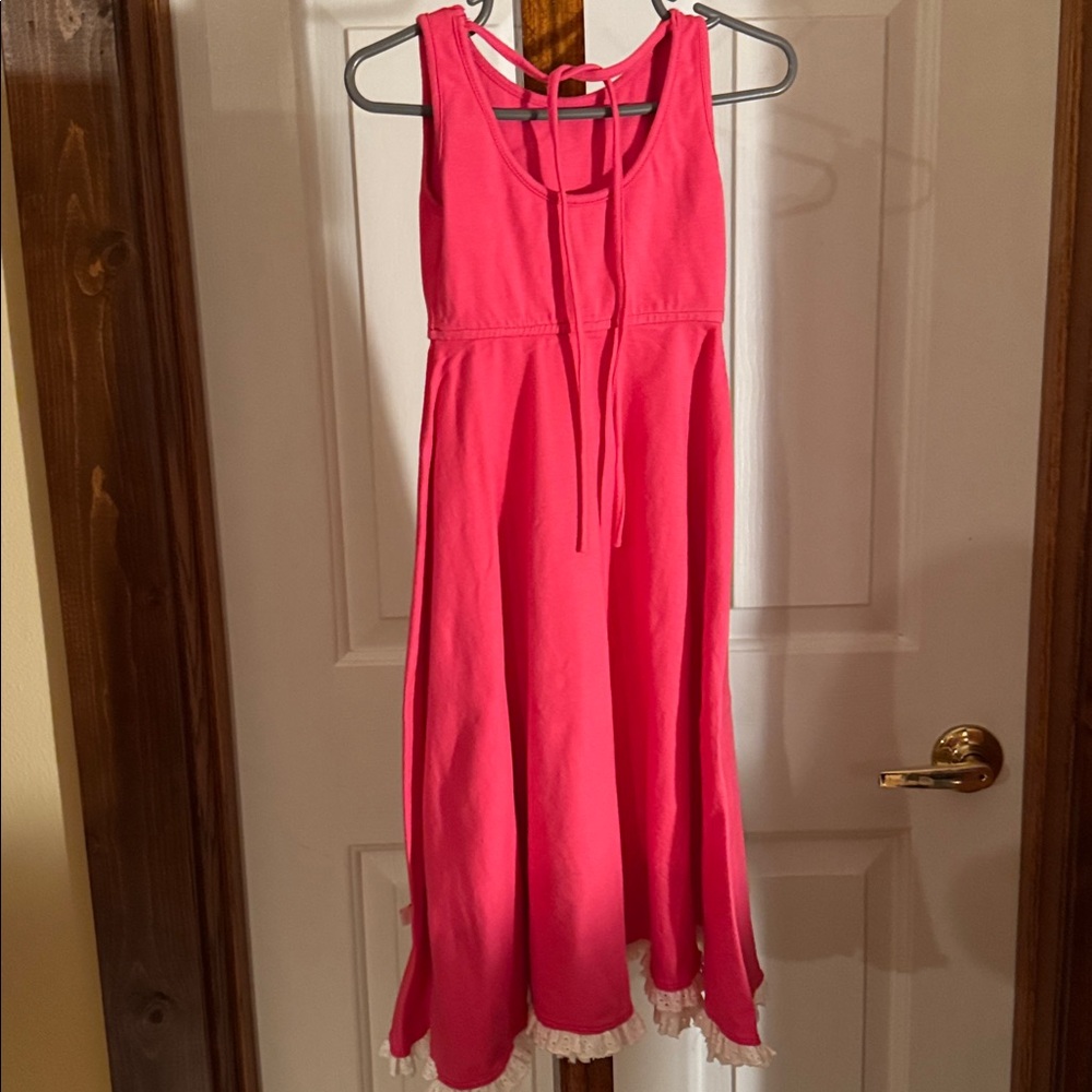 OMI JO 24M Maxi Hot Pink Dress w Tie & White Ruffle Lace Trim with Eyelets girls - Picture 4 of 6